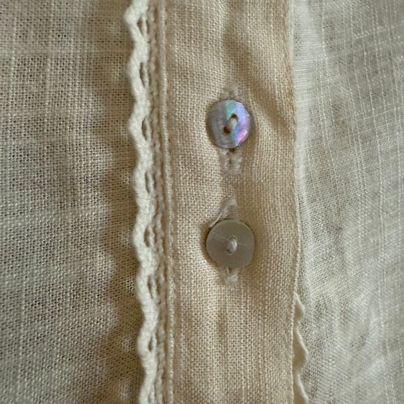 Cream Linen Blend Eyelet Blouson Shirt Scalloped Hem, lace trim | Medium - Picture 4 of 8
